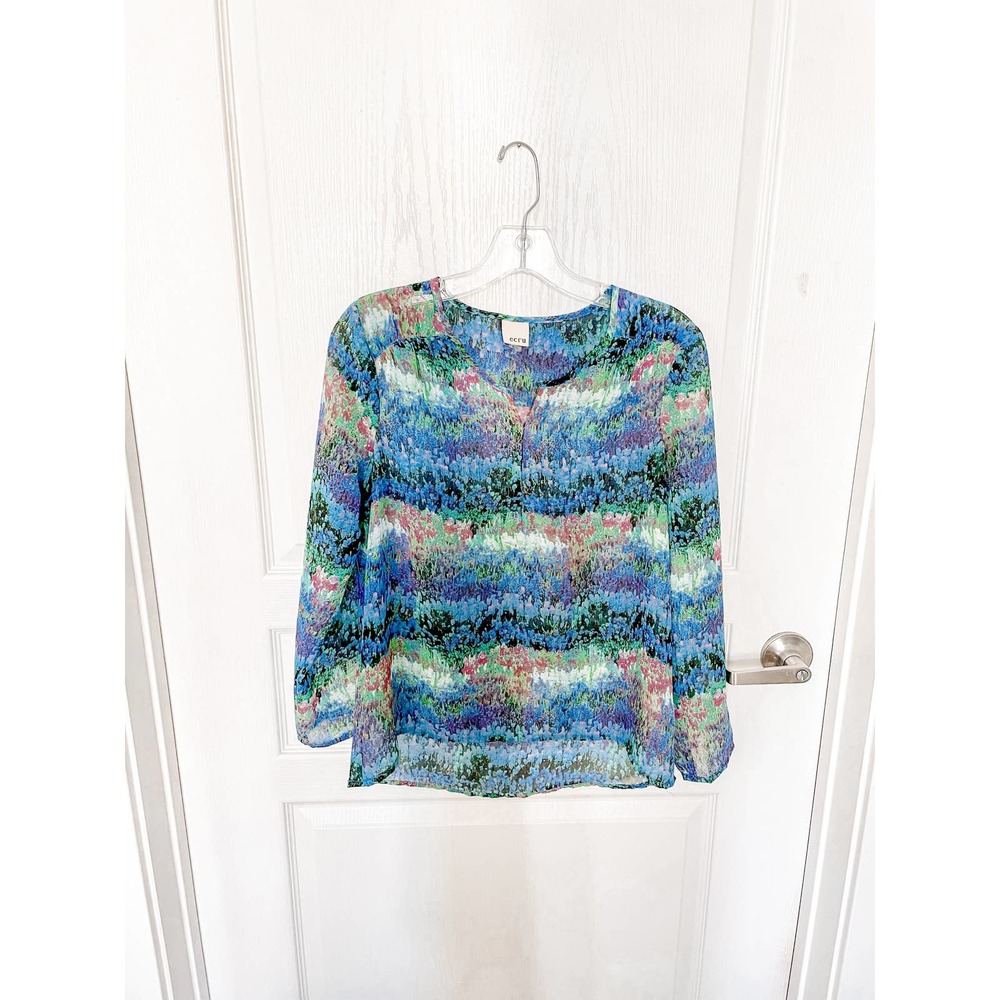 Ecru Semi-Sheer Floral Shirred Blouse Small